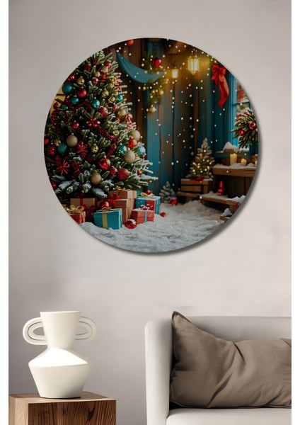 Yeni Yıl Neşesi Yağlı Boya Görünümlü Dekoratif Ahşap Ev/işyeri/ofis Yuvarlak Tablo