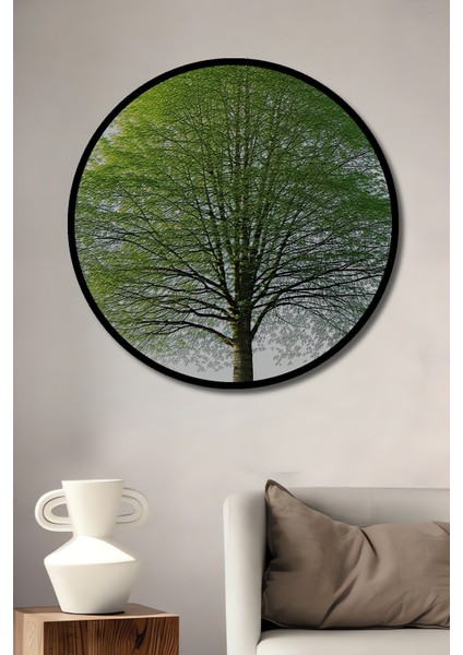 Çerçeve Görünümlü Yeşil Yapraklar Yağlı Boya Görünümlü Ağaç Ofis Dekoratif Ahşap Yuvarlak Tablo