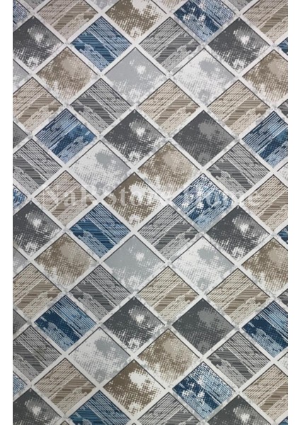 Elit Kahve Mavi Geometrik Desenli Yıkanabilir Kaymaz Taban Kesme Yolluk Halı