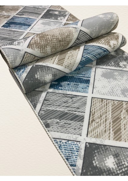 Elit Kahve Mavi Geometrik Desenli Yıkanabilir Kaymaz Taban Kesme Yolluk Halı