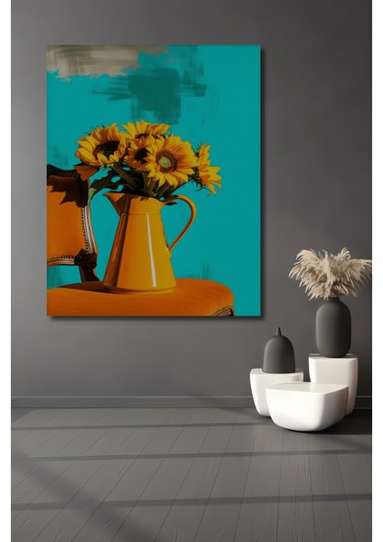 Modern Sanat Turuncu Vazo Içinde Ayçiçekleri Yağlı Boya Görünümlü Dekoratif Ev/işyeri/ofis Tablo