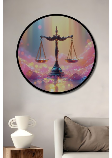 Çerçeve Görünümlü Kristal Terazisi Rüyası Yağlı Boya Görünümlü Ofis Dekoratif Ahşap Yuvarlak Tablo