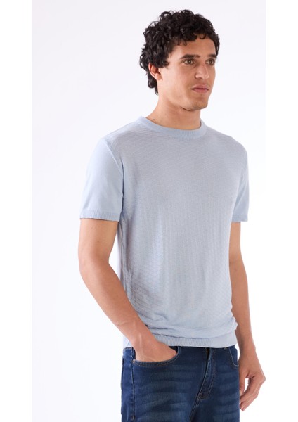 Buz Mavisi O Yaka Düz Renk Kısa Kollu Slim Fit Triko Tshirt fiyatları