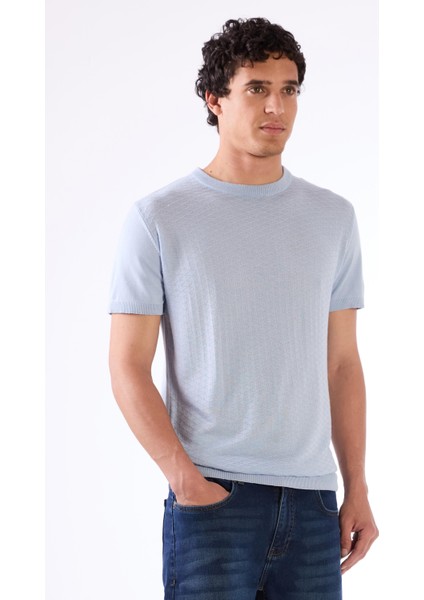 Buz Mavisi O Yaka Düz Renk Kısa Kollu Slim Fit Triko Tshirt modelleri