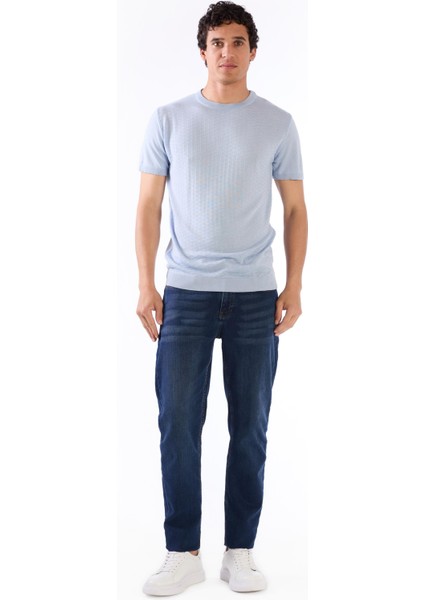 Buz Mavisi O Yaka Düz Renk Kısa Kollu Slim Fit Triko Tshirt fırsatları