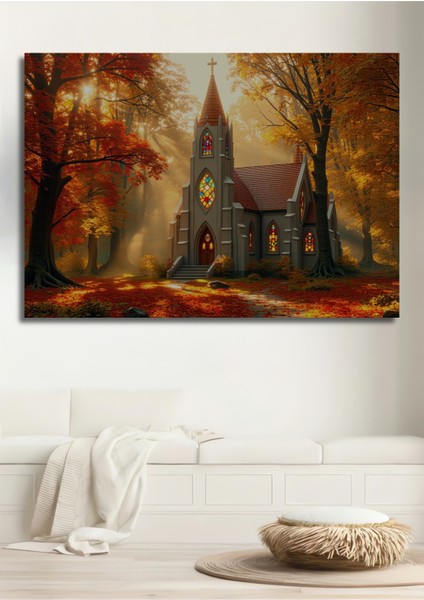 Sonbahar Ormanındaki Işık Huzmeleri Yağlı Boya Görünümlü Dekoratif Mdf Kilise Ev/işyeri/ofis Tablo