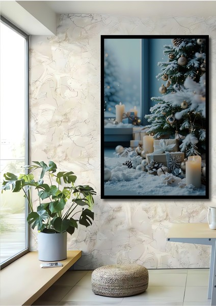 Çerçeve Görünümlü Kış Rüyası Noel Ağacı Yağlı Boya Görünümlü Dekoratif Ahşap Işyeri/ofis Kare Tablo
