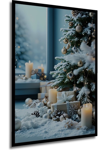 Çerçeve Görünümlü Kış Rüyası Noel Ağacı Yağlı Boya Görünümlü Dekoratif Ahşap Işyeri/ofis Kare Tablo modelleri