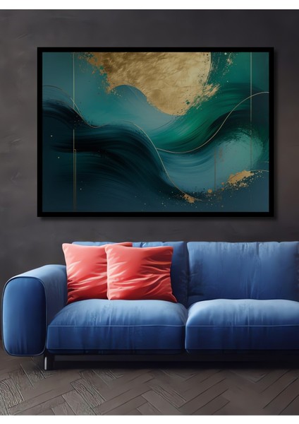 Çerçeve Görünümlü Altın Dokunuşlu Modern Dalgalar Yağlı Boya Görünümlü Ahşap Ofis Kare Tablo