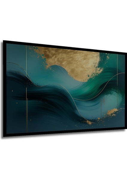 Çerçeve Görünümlü Altın Dokunuşlu Modern Dalgalar Yağlı Boya Görünümlü Ahşap Ofis Kare Tablo modelleri