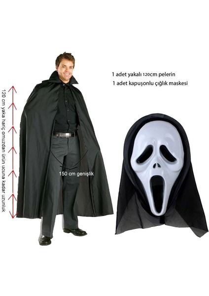 120 cm Pelerin ve Ghost Scream Kapüşonlu Çığlık Hayalet Maskeli Set Hallow