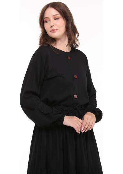 Viskon Kumaş Siyah Uzun Tesettür Elbise