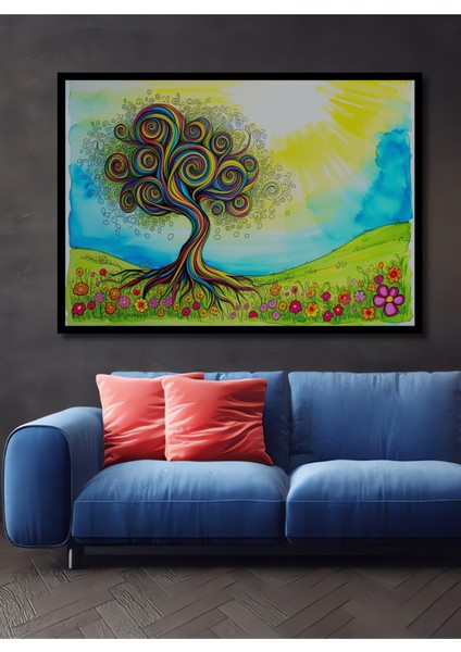 Çerçeve Görünümlü Renkli Hayat Ağacı Sulu Boya Görünümlü Dekoratif Ahşap Ev/işyeri/ofis Kare Tablo