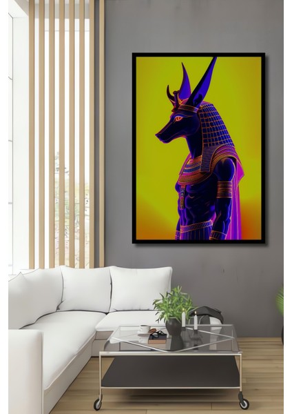 Çerçeve Görünümlü Anubis Tanrısı Neon Işığında Yağlı Boya Görünümlü Ofis Dekoratif Ahşap Kare Tablo