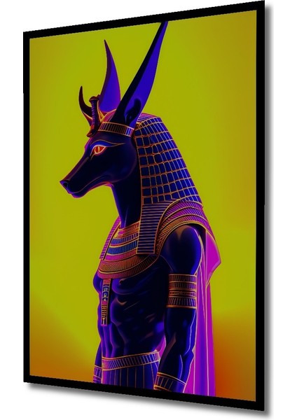 Çerçeve Görünümlü Anubis Tanrısı Neon Işığında Yağlı Boya Görünümlü Ofis Dekoratif Ahşap Kare Tablo fiyatları