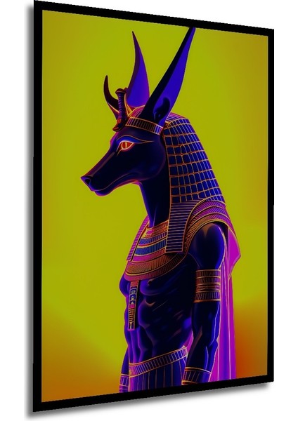 Çerçeve Görünümlü Anubis Tanrısı Neon Işığında Yağlı Boya Görünümlü Ofis Dekoratif Ahşap Kare Tablo modelleri