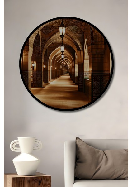 Çerçeve Görünümlü Mistik Osmanlı Sarayı Yağlı Boya Görünümlü Dekoratif Ahşap Ofis Yuvarlak Tablo