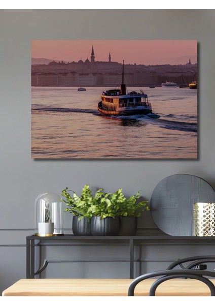 Istanbul Vapuru ve Tarihi Silüet Yağlı Boya Görünümlü Dekoratif Ahşap Ev/işyeri/ofis Kare Tablo