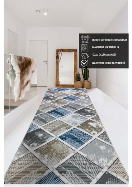 Elit Kahve Mavi Geometrik Desenli Yıkanabilir Kaymaz Taban Kesme Yolluk Halı