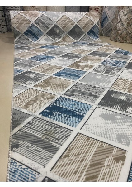 Elit Kahve Mavi Geometrik Desenli Yıkanabilir Kaymaz Taban Kesme Yolluk Halı indirimleri