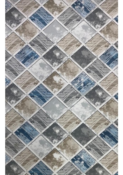 Elit Kahve Mavi Geometrik Desenli Yıkanabilir Kaymaz Taban Kesme Yolluk Halı