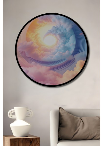 Çerçeve Görünümlü Göksel Dönüşüm Pastel Bulutlar Dekoratif Ahşap Ev/işyeri/ofis Yuvarlak Tablo
