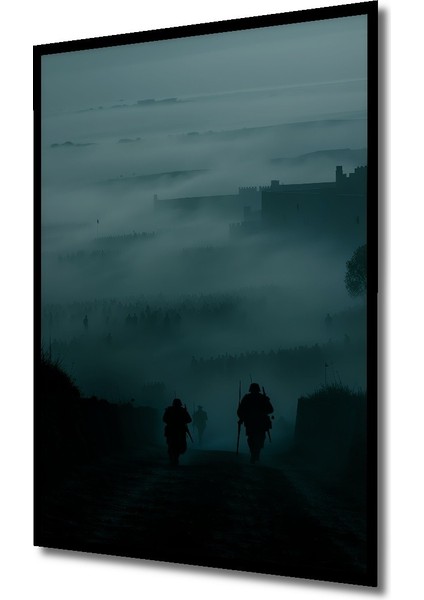 Çerçeve Görünümlü Savaş Alanı Sisli Askerler Yağlı Boya Görünümlü Dekoratif Ahşap Ofis Kare Tablo fiyatları