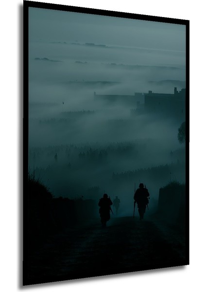 Çerçeve Görünümlü Savaş Alanı Sisli Askerler Yağlı Boya Görünümlü Dekoratif Ahşap Ofis Kare Tablo modelleri