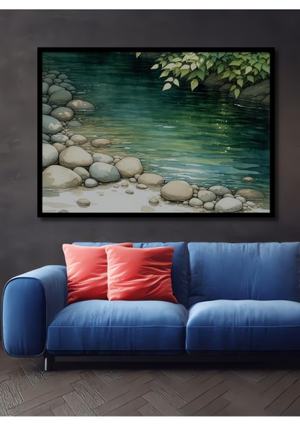 Çerçeve Görünümlü Huzurlu Nehir Sulu Boya Görünümlü Dekoratif Ahşap Ev/işyeri/ofis Kare Tablo