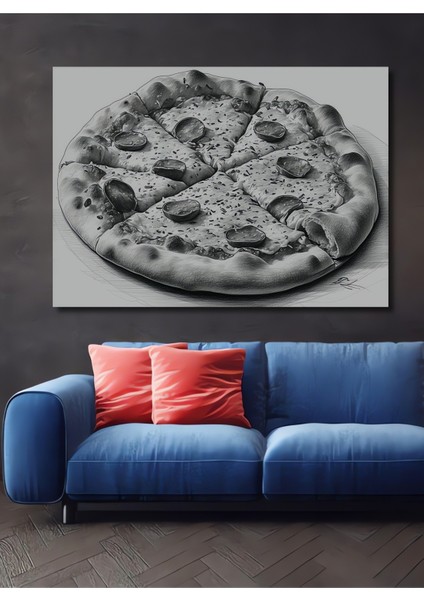 Siyah Beyaz Pizza Kara Kalem Görünümlü Dekoratif Ahşap Ev/işyeri/ofis Kare Tablo