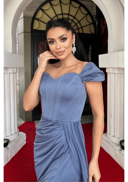 Simli Kumaş Balen Detaylı Abiye Elbise - Indigo Mavi fırsatları