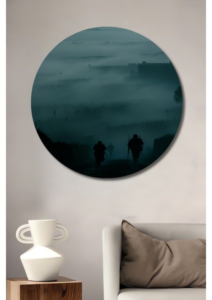 Savaş Alanı Sisli Askerler Yağlı Boya Görünümlü Dekoratif Ahşap Ev/işyeri/ofis Yuvarlak Tablo