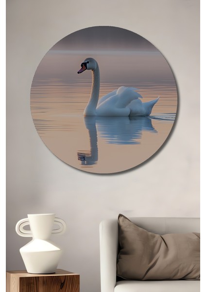 Göl Üzerinde Süzülen Kuğu Pastel Boya Görünümlü Dekoratif Ahşap Ev/işyeri/ofis Yuvarlak Tablo