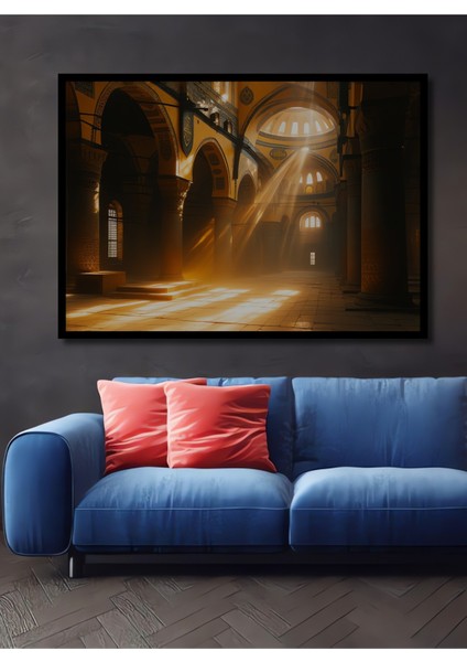 Çerçeve Görünümlü Hagia Sophia Ilahi Işıklar Yağlı Boya Görünümlü Dekoratif Ahşap Ofis Kare Tablo