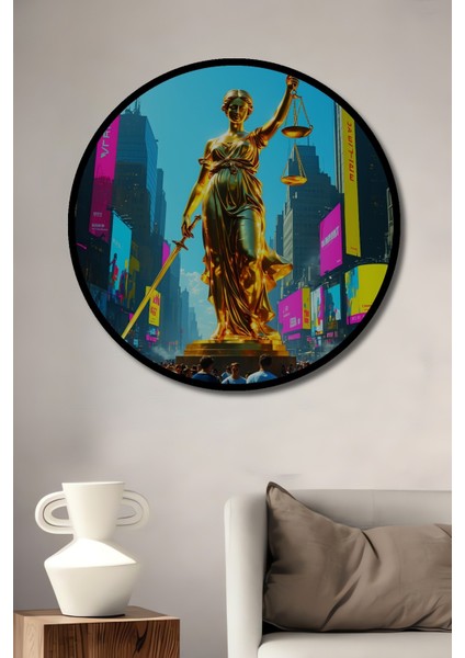 Çerçeve Görünümlü Adalet Tanrıçası Times Meydanı Yağlı Boya Görünümlü Ahşap Ofis Yuvarlak Tablo