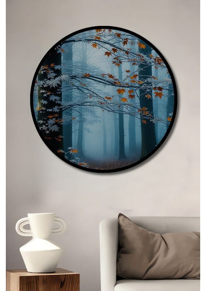 Çerçeve Görünümlü Buzlu Orman Sonbahar Yaprakları Yağlı Boya Görünümlü Ofis Ahşap Yuvarlak Tablo