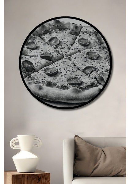Çerçeve Görünümlü Siyah Beyaz Pizza Kara Kalem Görünümlü Dekoratif Ahşap Işyeri/ofis Yuvarlak Tablo