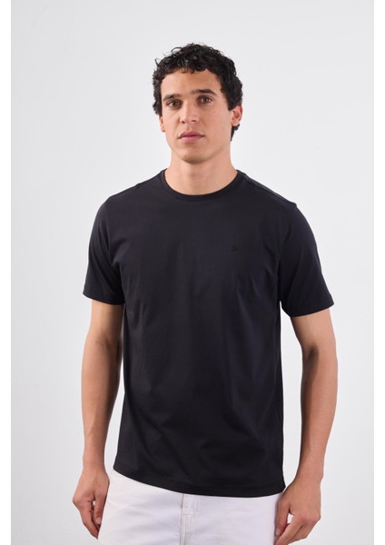 Siyah Bisiklet Yaka Pamuklu Düz Renk Slim Fit Erkek T-Shirt fiyatları