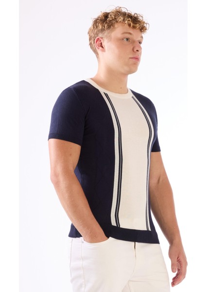 Lacivert Bisiklet Yaka Çift Renk Slim Fit Triko Tshirt fiyatları