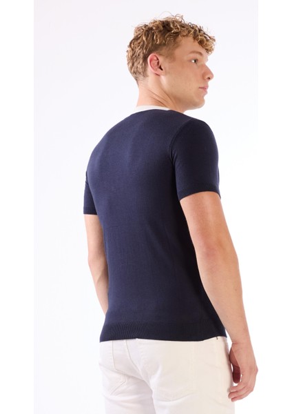 Lacivert Bisiklet Yaka Çift Renk Slim Fit Triko Tshirt modelleri