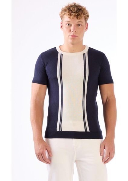 Lacivert Bisiklet Yaka Çift Renk Slim Fit Triko Tshirt fırsatları