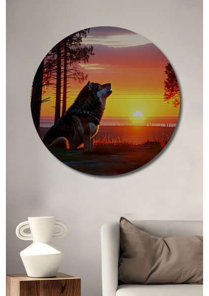 Gün Batımı Uluyan Kurt Yağlı Boya Görünümlü Dekoratif Ahşap Ev/işyeri/ofis Yuvarlak Tablo
