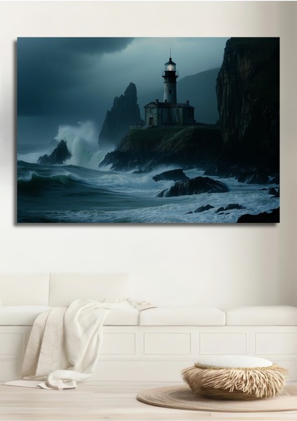 Fırtınalı Denizde Deniz Feneri Yağlı Boya Görünümlü Dekoratif Ahşap Ev/işyeri/ofis Kare Tablo