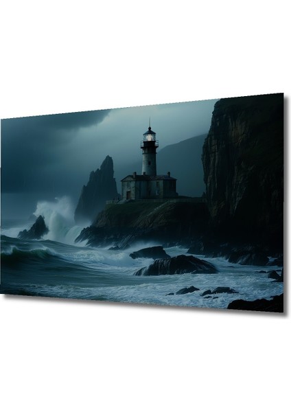 Fırtınalı Denizde Deniz Feneri Yağlı Boya Görünümlü Dekoratif Ahşap Ev/işyeri/ofis Kare Tablo fiyatları