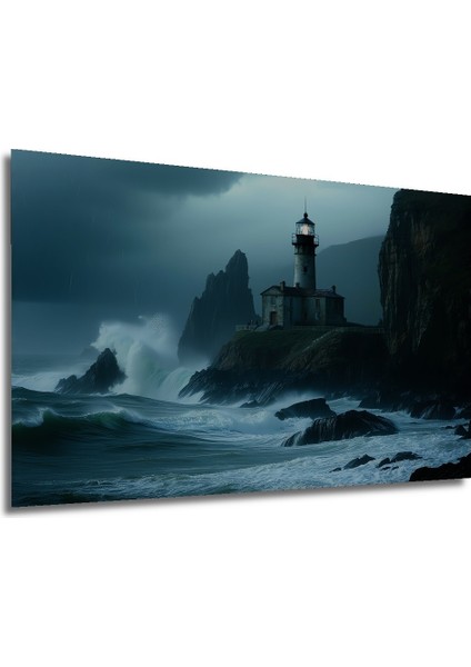 Fırtınalı Denizde Deniz Feneri Yağlı Boya Görünümlü Dekoratif Ahşap Ev/işyeri/ofis Kare Tablo modelleri