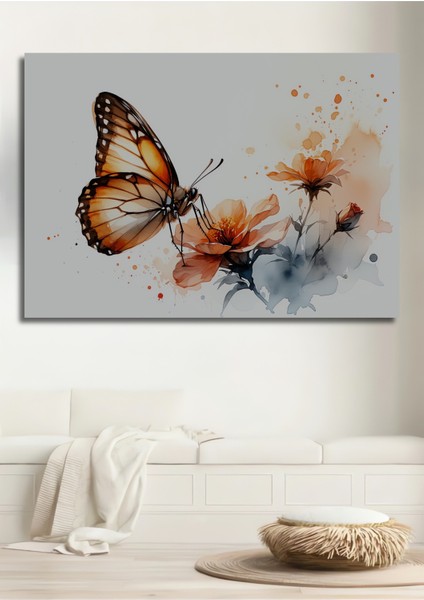 Narin Kelebek ve Çiçekler Sulu Boya Görünümlü Dekoratif Ahşap Ev/işyeri/ofis Kare Tablo
