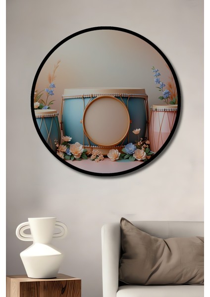 Çerçeve Görünümlü Pastel Rüyası Davul ve Çiçekler Dekoratif Ahşap Ev/işyeri/ofis Yuvarlak Tablo