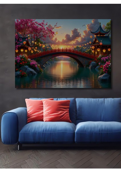 Sakura Bahçesi ve Kızıl Köprü Sulu Boya Görünümlü Dekoratif Ahşap Ev/işyeri/ofis Kare Tablo