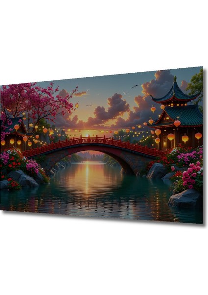 Sakura Bahçesi ve Kızıl Köprü Sulu Boya Görünümlü Dekoratif Ahşap Ev/işyeri/ofis Kare Tablo fiyatları