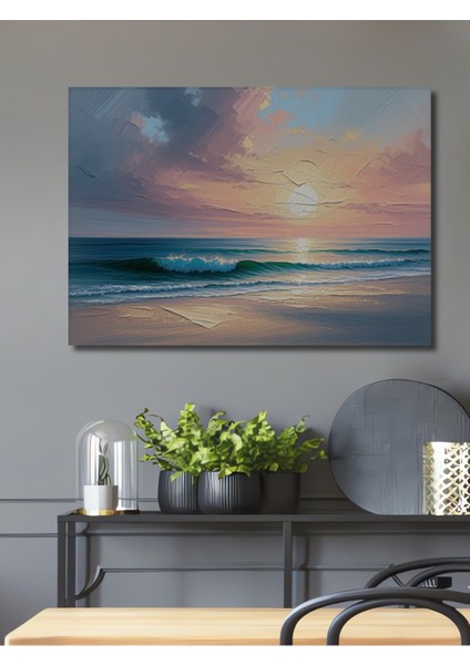 Pastel Gün Batımı Okyanus Yağlı Boya Görünümlü Dekoratif Ahşap Ev/işyeri/ofis Kare Tablo